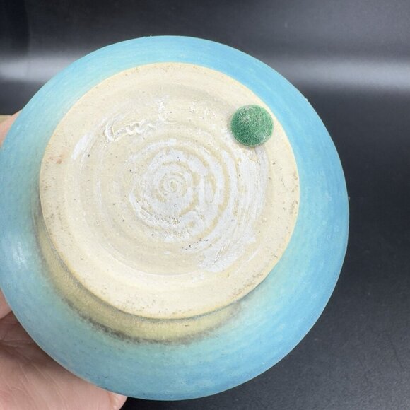 Vintage Turquoise Glaze Pottery Stoneware Dish Bowl Planter Flower Pot Signed - Picture 7 of 12